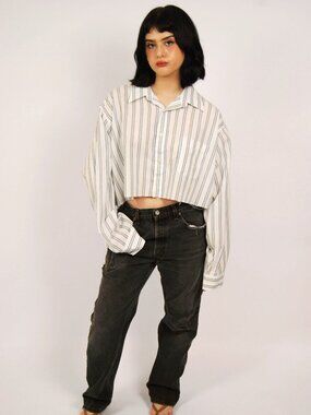 70s Cropped Dress Shirt (L) white blue vintage crop top baggy alternative skater